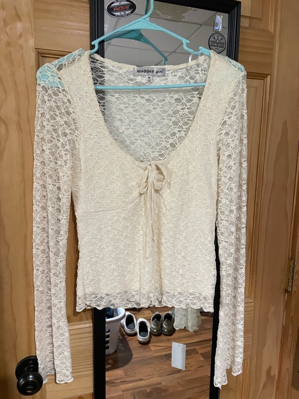 Madden Girl Ivory Lace Tie-Front Long Sleeve Top